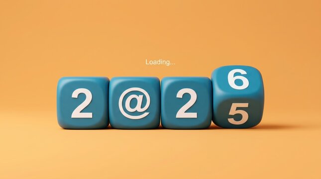 Blue cubes displaying year two thousand twenty five with loading text, digital countdown concept for new year celebration, future planning and time management background design.