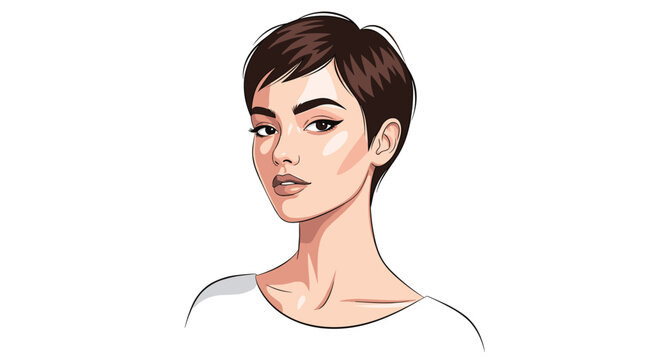 Detailed vector portrait illustration of a beautiful young woman with a chic short pixie haircut and winged eyeliner.