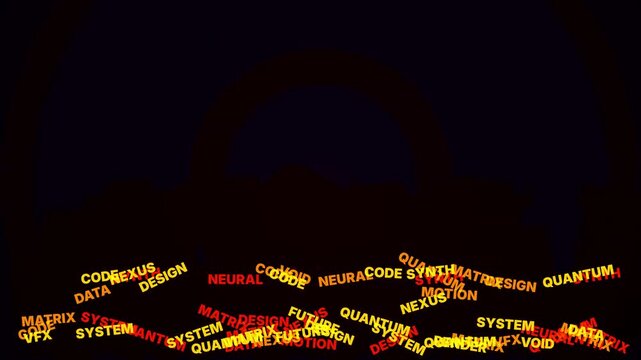 Glowing floating words like quantum data matrix and cyber synth create a futuristic technological communication display