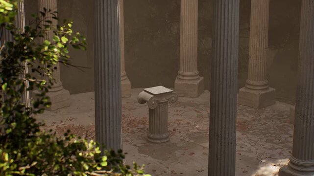 Majestic doric columns standing in an abandoned ancient temple. Sunbeams shining through the mist, illuminating the stone ruins and pedestal