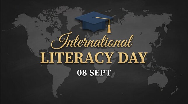 International literacy day celebration concept with a graduation cap on a dark chalkboard background with a world map illustration
