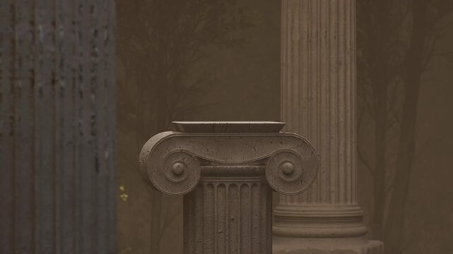 Close-up view of a classical greek or roman stone pillar capital moving in a misty, dark forest. Mysterious ruins of an ancient temple