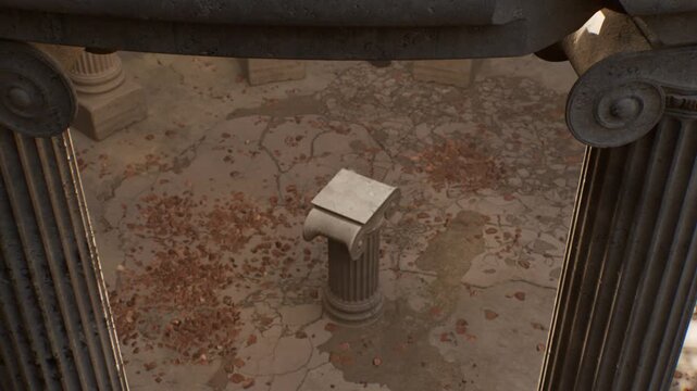 Camera slowly descending into a digitally rendered scene of an ancient, dilapidated temple courtyard with ionic columns and crumbling stone