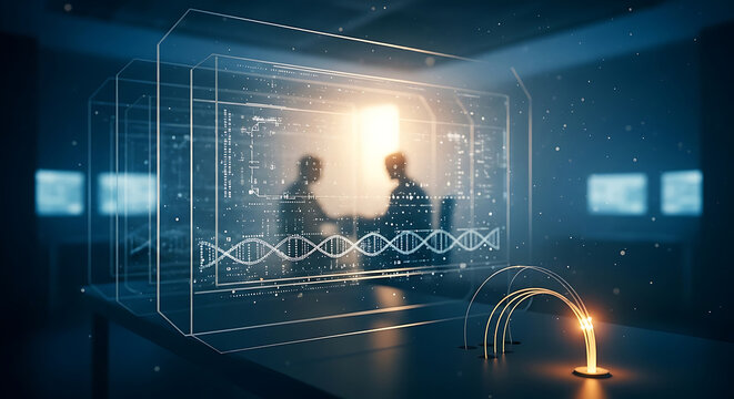 Advanced hipaa security for medical digital healthcare systems displaying genetic research and private patient information in a futuristic laboratory
