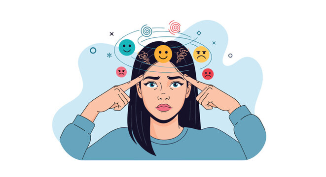 Overwhelmed woman feels dizzy while experiencing a whirlwind of conflicting emotions and mood swings in her mind.