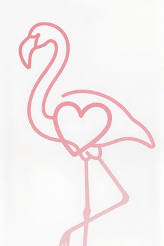 Minimalist pink flamingo line art with heart icon isolated on white