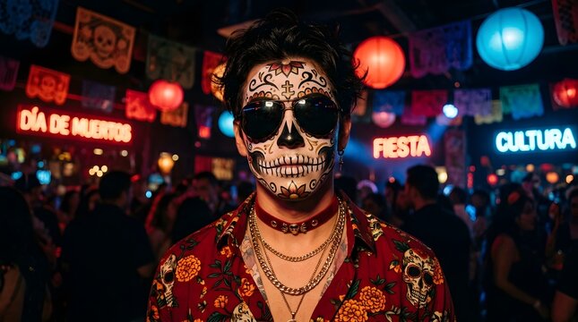 Young man with sugar skull face paint and sunglasses at a dia de los muertos celebration