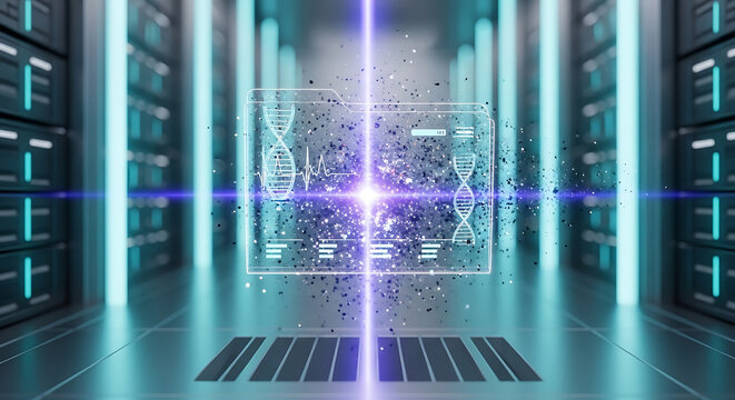 Futuristic data medical server room showing advanced security and hipaa compliance with a glowing digital dna health record folder