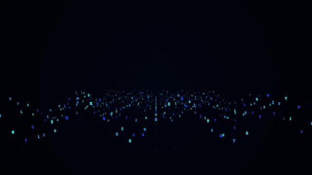 Glowing alphabet letters and numeric characters floating in a vast dark cyberspace environment for data visualization