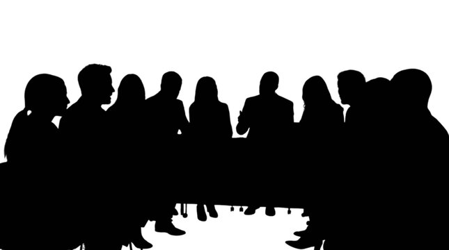 Silhouette group of people sitting around a campfire isolated on transparent background