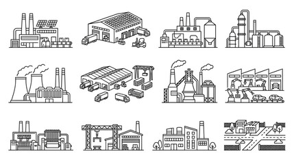 Obraz premium Industrial Factory Building Icons Set - Line Art Vector Illustrations