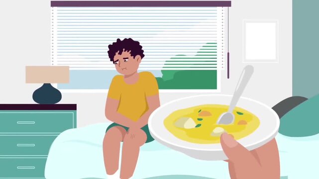 Sick Boy Sitting in Bed Offered Bowl of Hot Healing Soup by Parent Hand. Flu Infection Treatment Recovery 2D Animation.