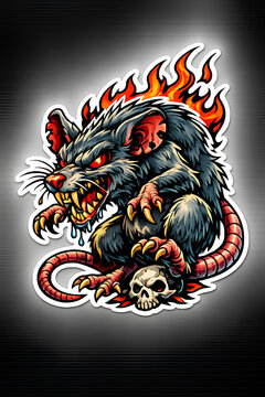 Sticker art in tattoo style with vibrant colors, featuring an evil rat in a dynamic full-body pose on a white background.