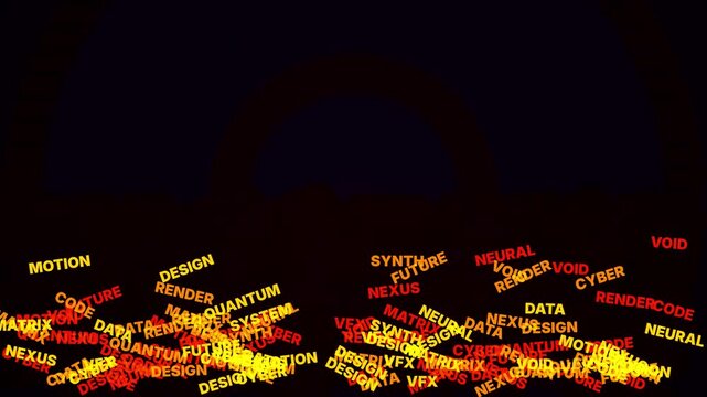 Floating words showing tech concepts like matrix cyber quantum and neural network patterns in space