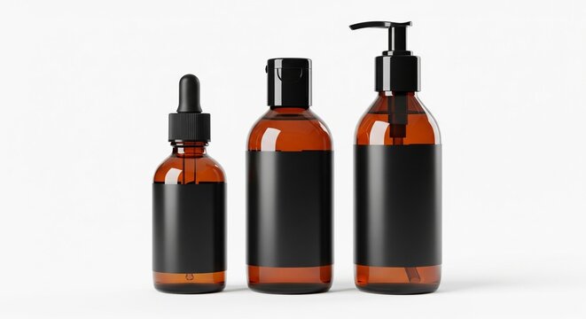 Three amber glass cosmetic bottles with black labels and caps on a white background product display
