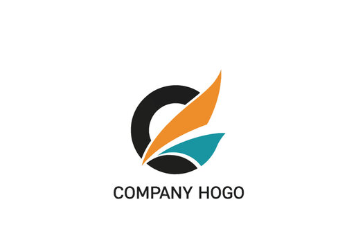 Abstract corporate logo featuring a black circular shape with orange and teal swooping wing elements, text 'COMPANY HOGO' below, minimalist vector design on white background.