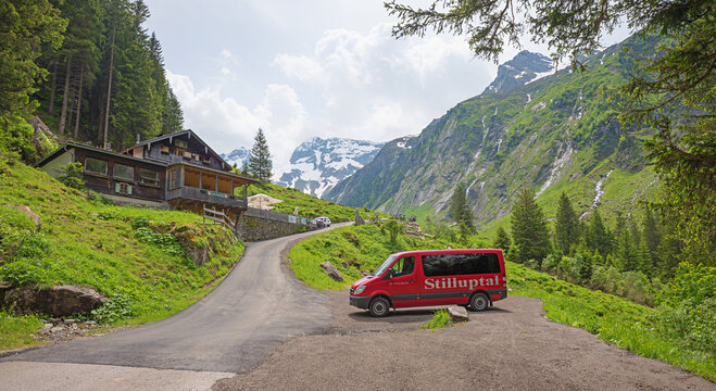 STILLUPTAL, TYROL, AUSTRIA, June 8th, 2024 - bus shuttle for hikers from Gr&uuml;ne-Wand-H&uuml;tte to Mayrhofen