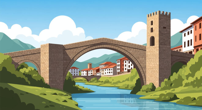 Vector illustration of a medieval stone arch bridge with a fortified watchtower spanning a blue river, overlooking a historic European village and mountains under a blue sky.