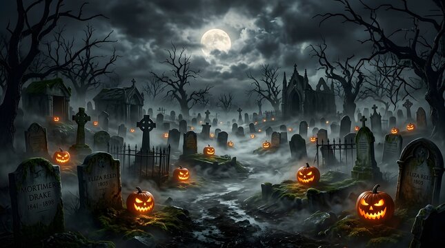 Eerie graveyard at night with glowing jackolanterns and fog