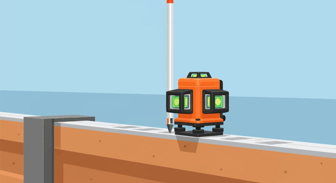 Orange self-leveling rotary laser level and surveying pole on wooden construction beam. Precise measurement tool for engineering and architectural layout in flat vector style.
