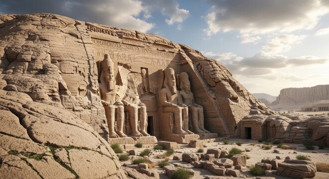Ancient temple carved into a cliff face with statues under a cloudy sky