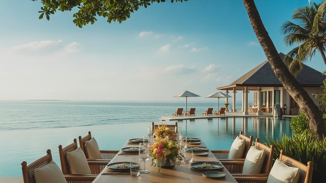 Luxury outdoor dining setup beside infinity pool overlooking ocean with tropical palm trees pavilion and serene coastal atmosphere