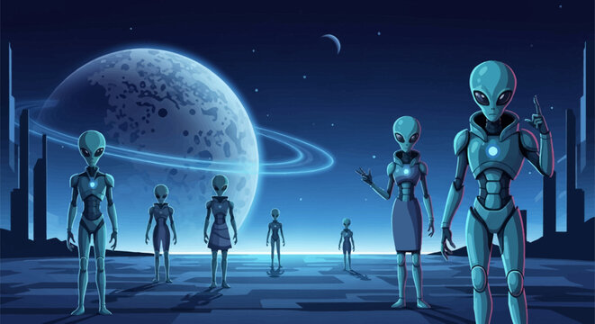 Group of blue futuristic humanoid aliens wearing robotic armor standing on a barren planet landscape at night with a large ringed celestial body and stars in the background.