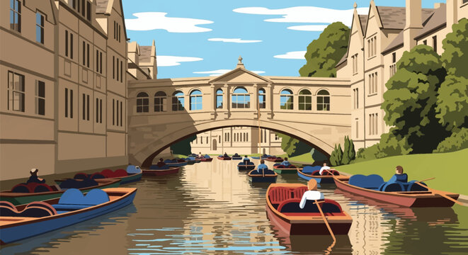 Vector illustration of people punting in boats on a river passing under the Bridge of Sighs in Oxford, England, featuring traditional college architecture and calm water reflections.