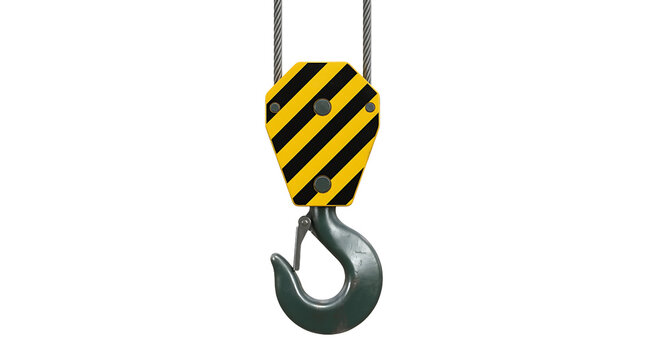 Close up of a robust industrial crane hook featuring a yellow and black striped safety marker, hanging from thick steel cables on a transparent gray checkered background.