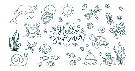 Doodle set of summer elements with hello summer lettering © Dipa's stock