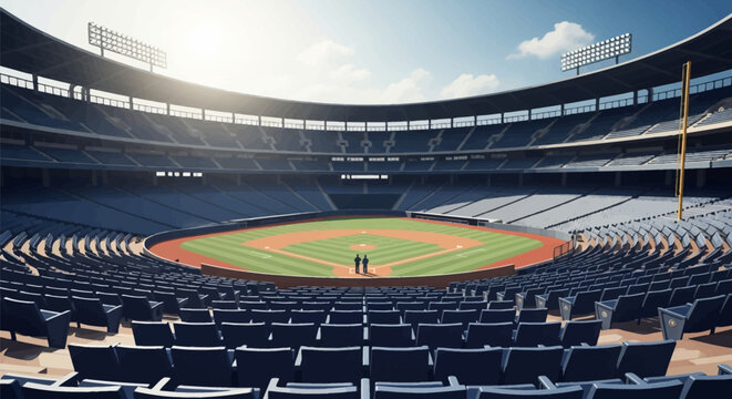 Wide-angle view of a modern professional baseball stadium with empty blue spectator seating, a green grass field, red clay diamond, and tall floodlights under a bright sunny sky.