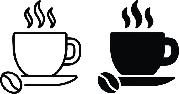 Hot steamy coffee cup icons with beans representing morning caffeine drink and cafe culture illustration
