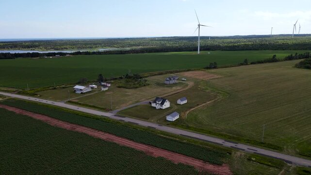 Aerial wide shot of Kent Hills wind farm in New Brunswick, Canada,  Modern Windmills Generating Clean Electricity