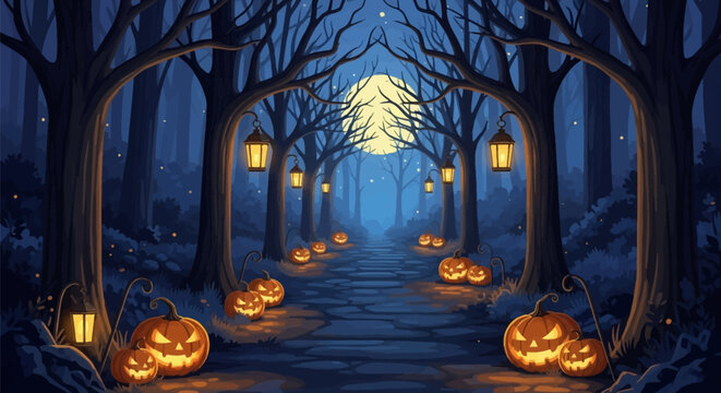 Halloween pathway in a dark spooky forest at night with glowing jack-o'-lantern pumpkins and lanterns hanging from bare trees under a full moon with blue atmospheric lighting.