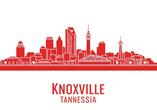 Red vector silhouette of the Knoxville Tennessee city skyline featuring the iconic Sunsphere tower, downtown skyscrapers, and bridge outlines isolated on a white background.
