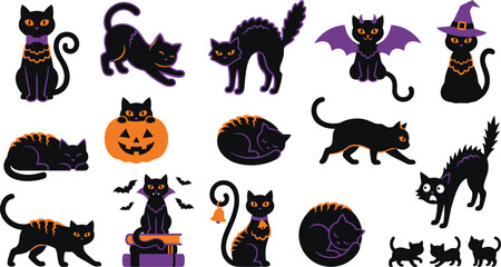 Obraz premium Halloween Cat Silhouette Collection, Black Cat Vector Illustration Set