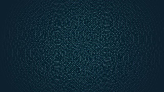 Geometric patterns with interconnected rotating circles creating complex ripple effects in dark vibrant color gradients
