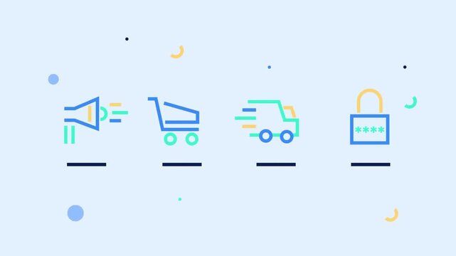 E-Commerce Customer Purchase Process Line Icons Megaphone Shopping Cart Delivery Truck Padlock. Retail 2D Animation.
