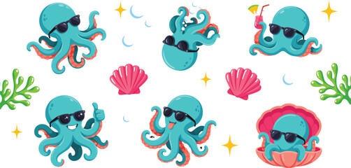 Cute Cool Octopus Cartoon Character Mascot Set wearing Sunglasses with Summer Cocktail, Sea Shells, and Coral Elements for Kids Beach Designs © MstAkhlima