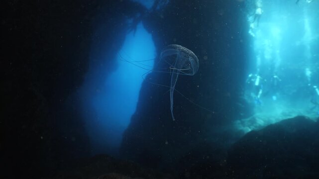 jellyfish in cave underwater 