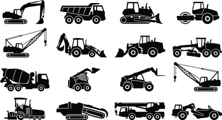 Obraz premium Construction Machinery and Heavy Equipment Silhouette Icon Set Collection