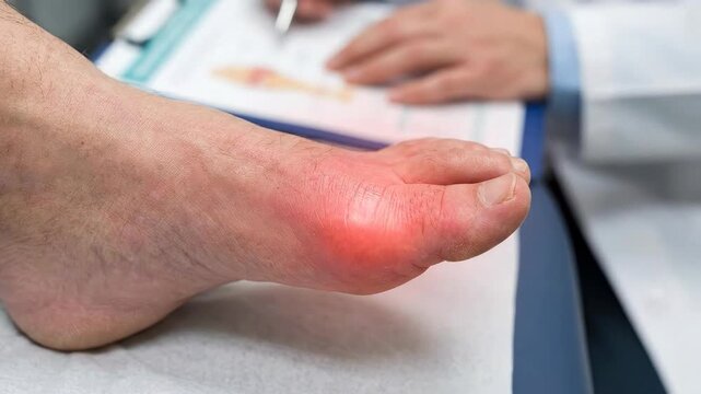 Developing foot manifestation: acute gout flare, painful big toe, uric acid deposit, podagra symptom, joint discomfort, inflammatory attack, medical examination, patient consultation.