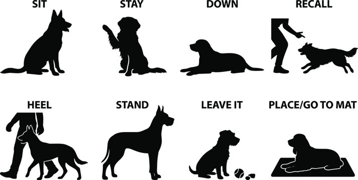 Set of dog training commands silhouettes showing obedience postures and behavior instructions for pet owners