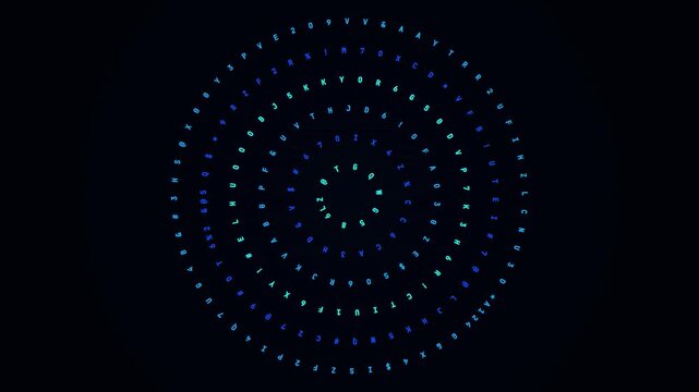 Glowing circular patterns of multicolored alphanumeric characters rotate against a dark environment to display futuristic data