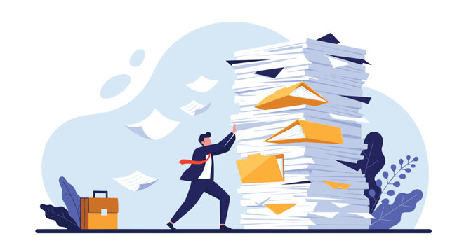 Stressed businessman struggling to push a massive stack of paperwork representing overwhelming office workload and bureaucracy.