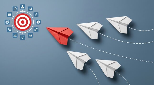 Red paper plane leading white fleet towards target goal, business leadership strategy concept, team management direction, vision mission alignment, corporate success path