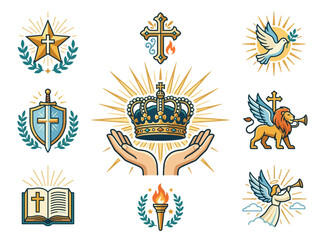 Obraz premium Collection of Christian religious symbols and icons featuring crown cross and angel.
