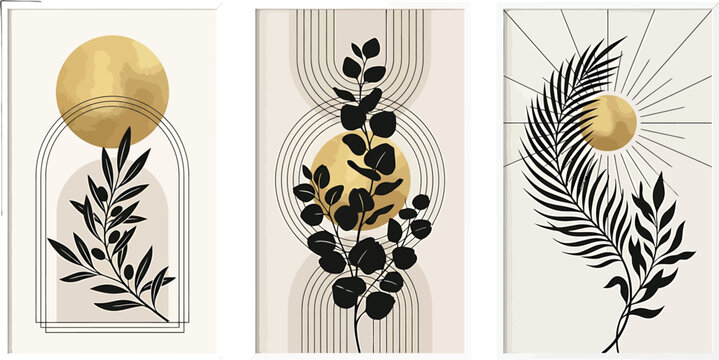 Set of three minimalist wall art prints featuring botanical silhouettes and golden sun geometric shapes vector
