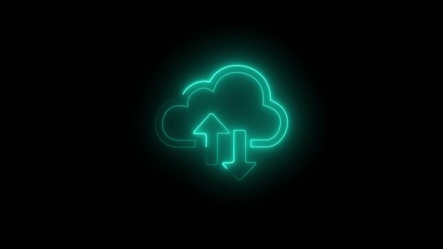 Neon cloud computing technology with upload and download symbols, representing secure data storage, cloud infrastructure, file synchronization.