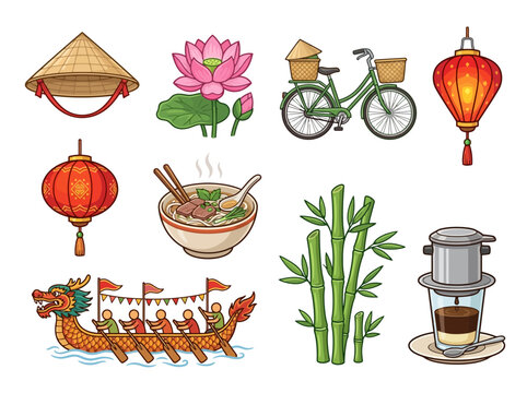 Hand drawn collection of traditional Vietnamese cultural symbols and icons.